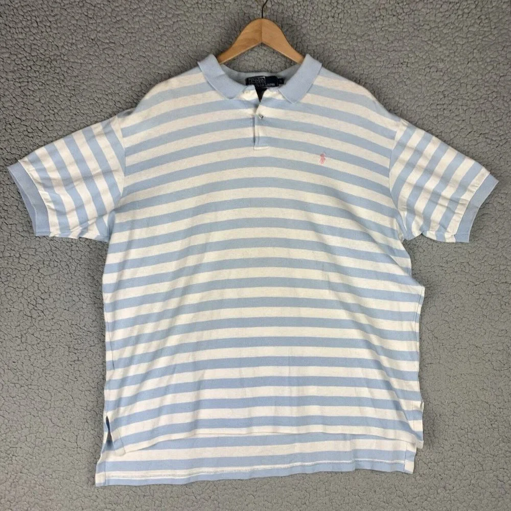 Vintage Polo Ralph Lauren Made In USA Blue White Striped XL Pink Pony Shirt READ